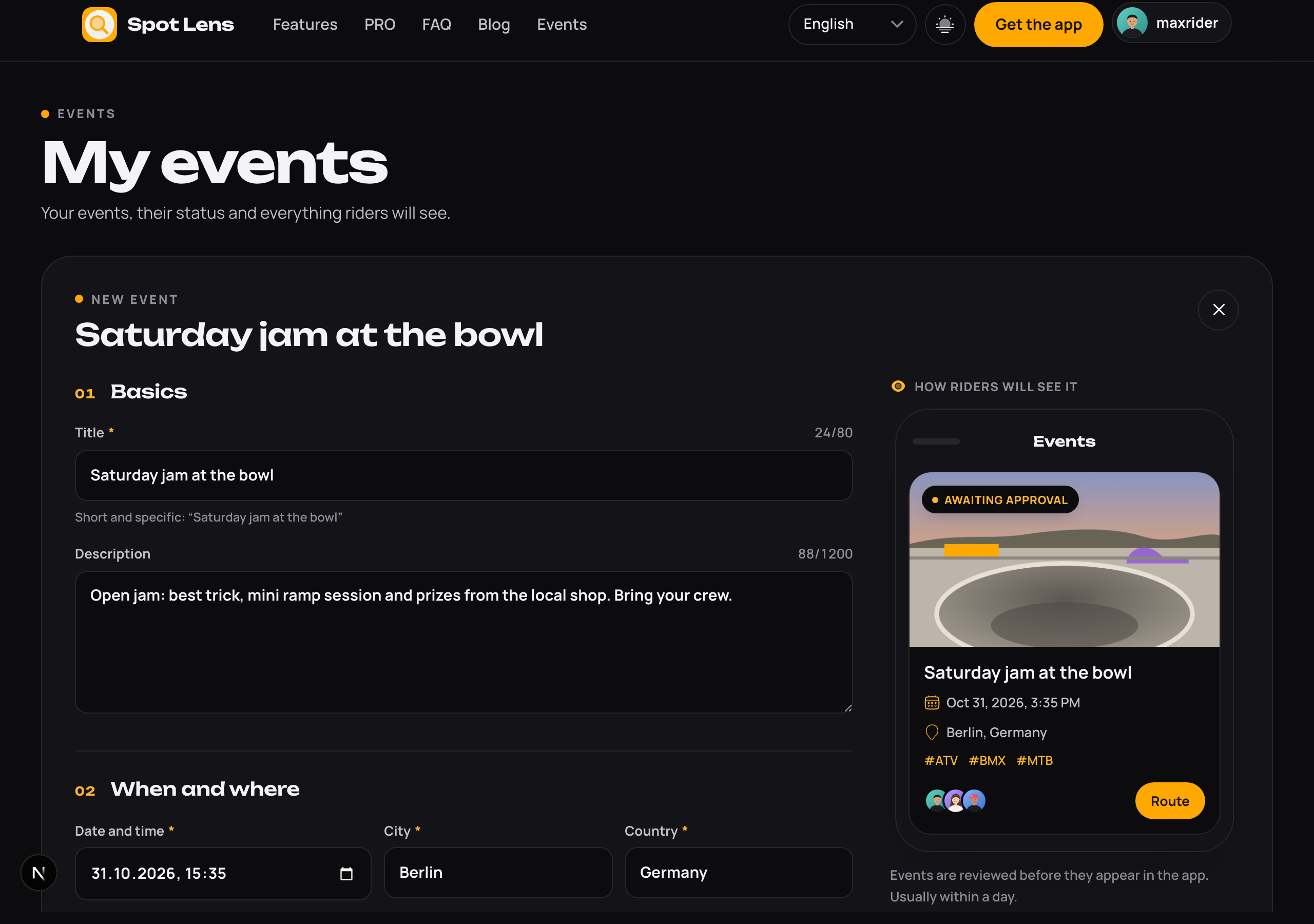 Formulario del evento en la web