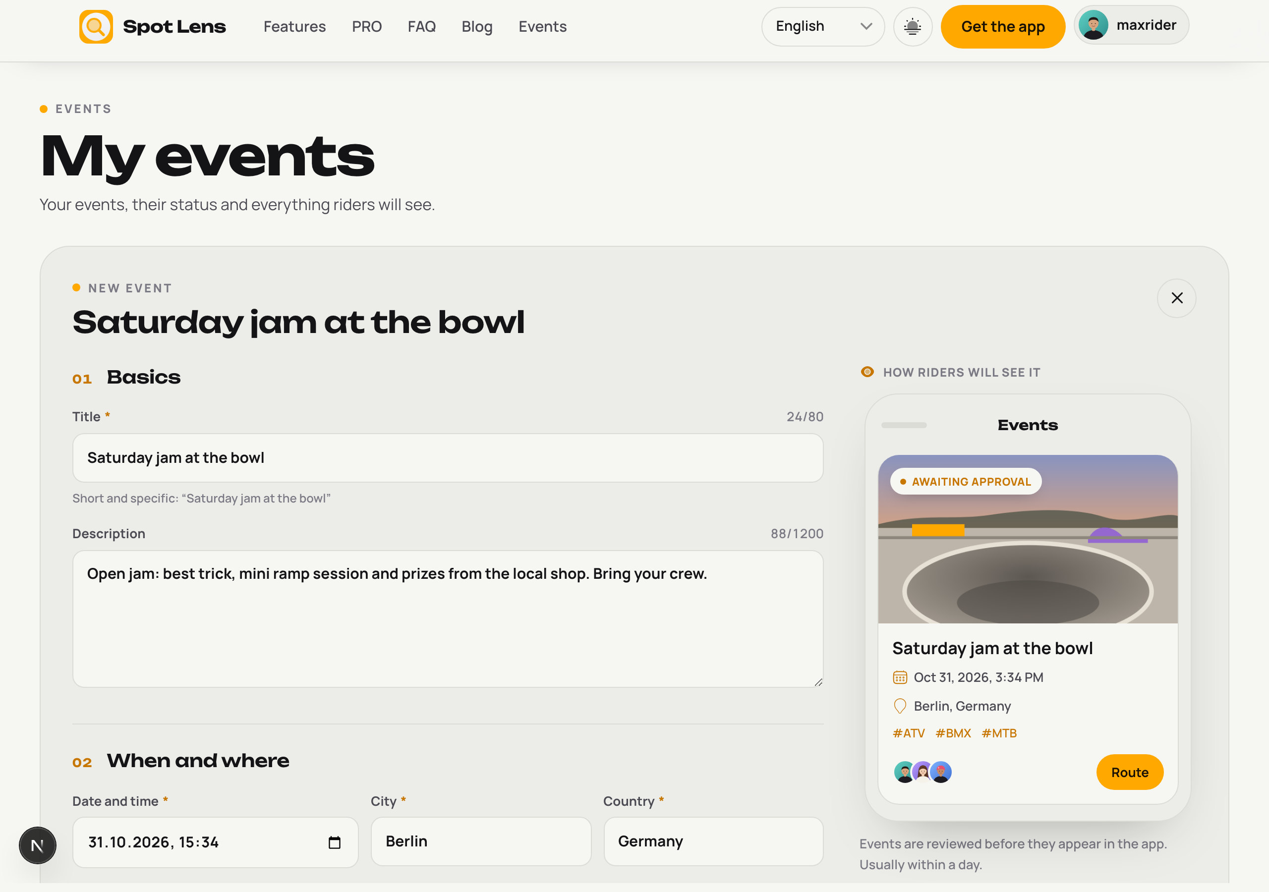 Formulario del evento en la web